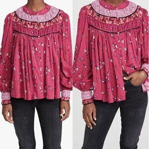Free People Paloma Floral Button Up Peasant Blouse Top Berry Combo, sz S
